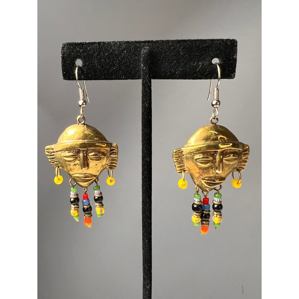 Hand Cast African Tribal Brass Mask Beaded Multicolor Dangle Earrings